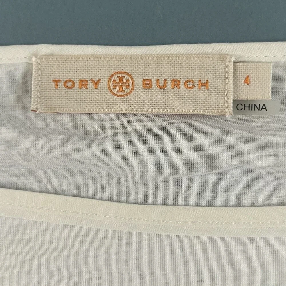 Tory Burch Scallop Hem Eyelet Ruffle White Cotton Blouse